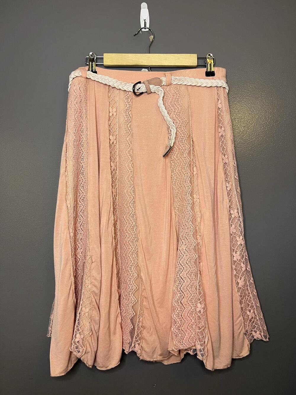 Lapis Skirt Womens 1X Pink Lace Panel Flare Midi Lined Elastic Waist Belted Boho - Picture 2 of 7